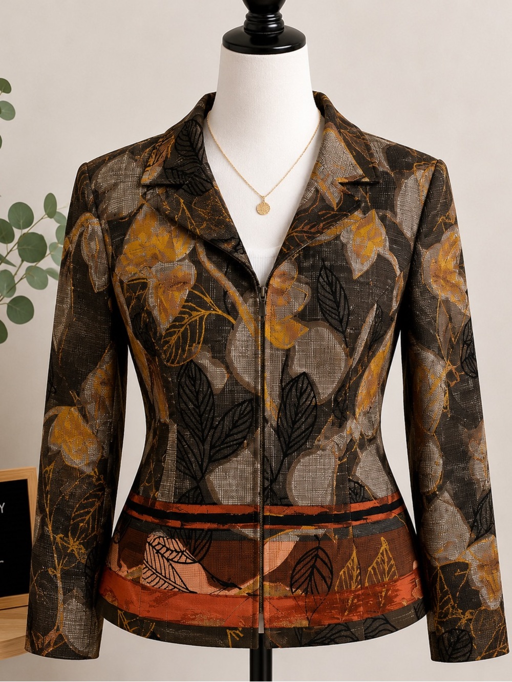 Alexis & Avery Petite 6 Leaf Print Zip Front Jacket Brown Multicolo